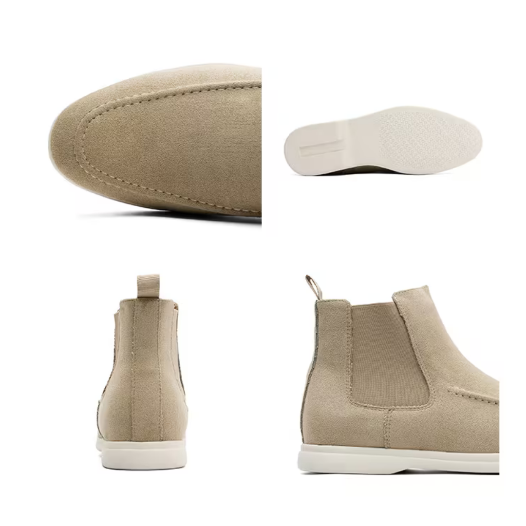 Botines Chelsea para hombre en beige claro con suela blanca